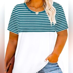 Women Summer Casual Short Sleeve Shirt, Turquoise stripe, 14W, NWOT